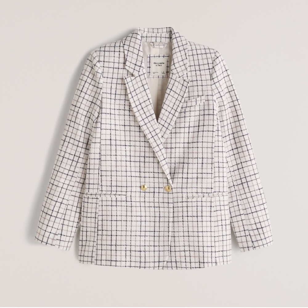 NEW Abercrombie & Fitch Tweed Plaid Blazer in White/Navy, Size S